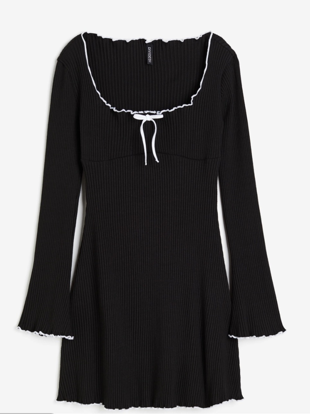 Goth Whimsigoth Coquette Girl Black Ribbed Mini Dress White Trim and Front Tie